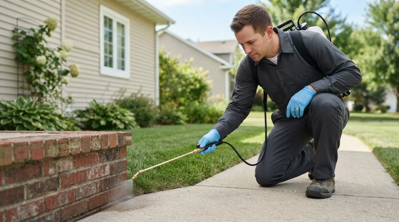 Pest control technician treating a home near Ropesville, TX
