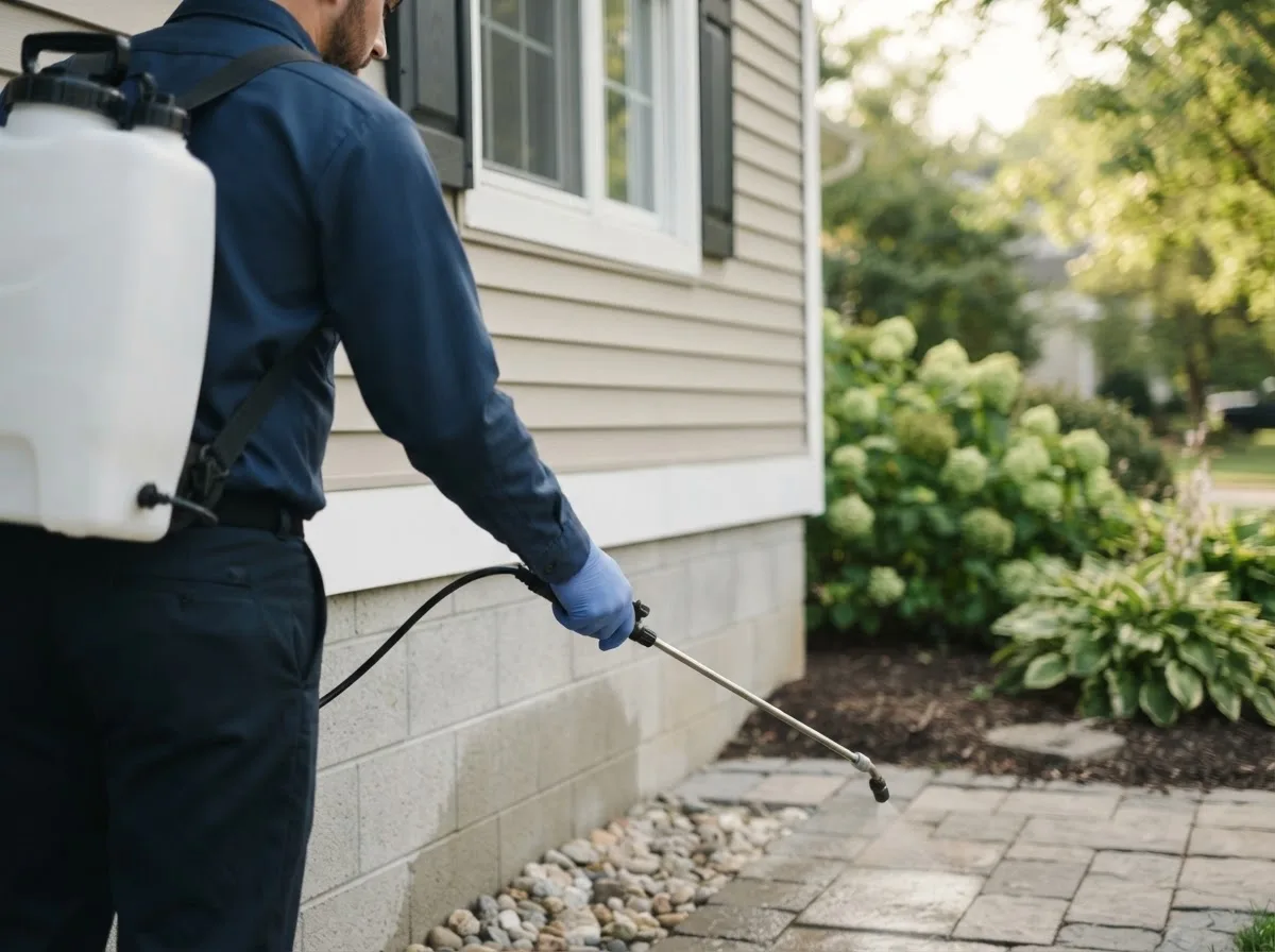 Pest control technician inspecting a home in Ropesville, TX